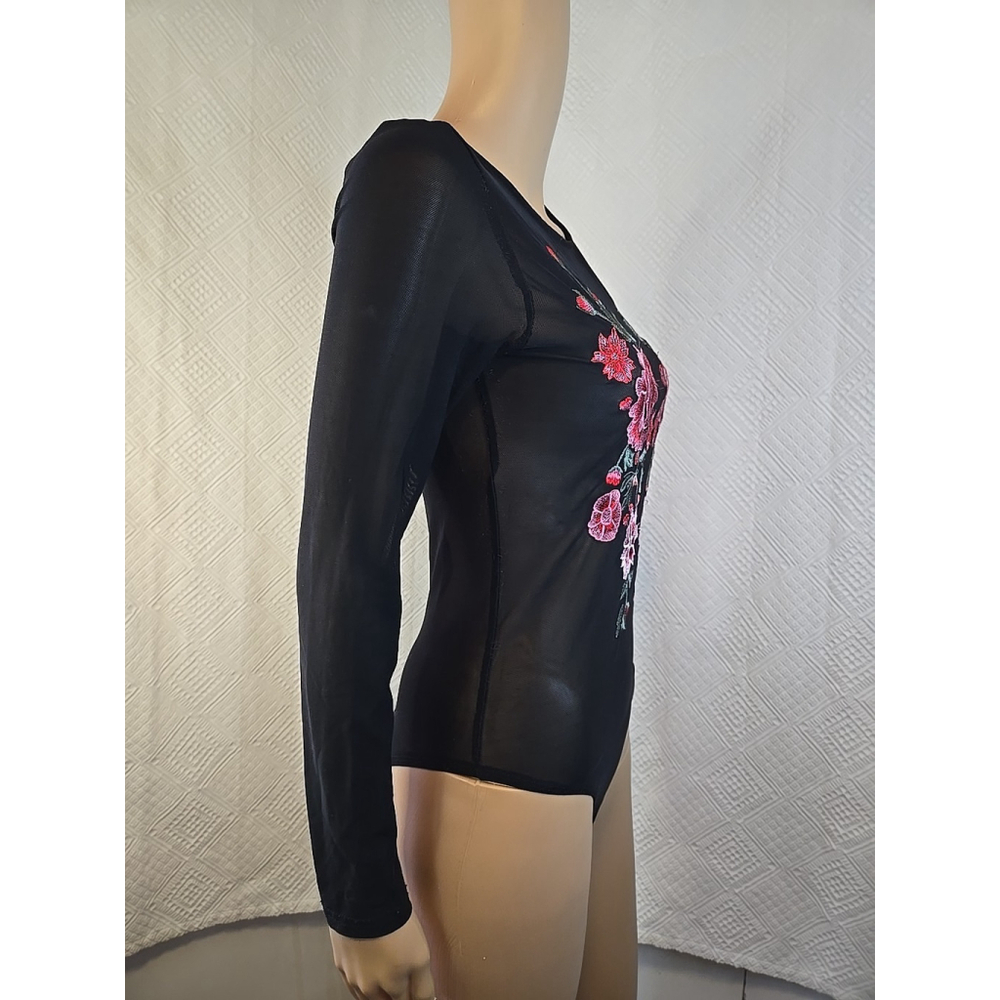 Vera & Lucy Sheer Embroidered Floral Bodysuit Black Medium - Picture 6 of 8